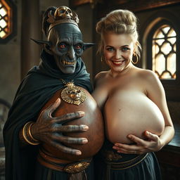 In a sunlit medieval bordello room, an intriguing scene unfolds featuring two distinctly different figures