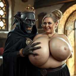 In a sunlit medieval bordello room, an intriguing scene unfolds featuring two distinctly different figures