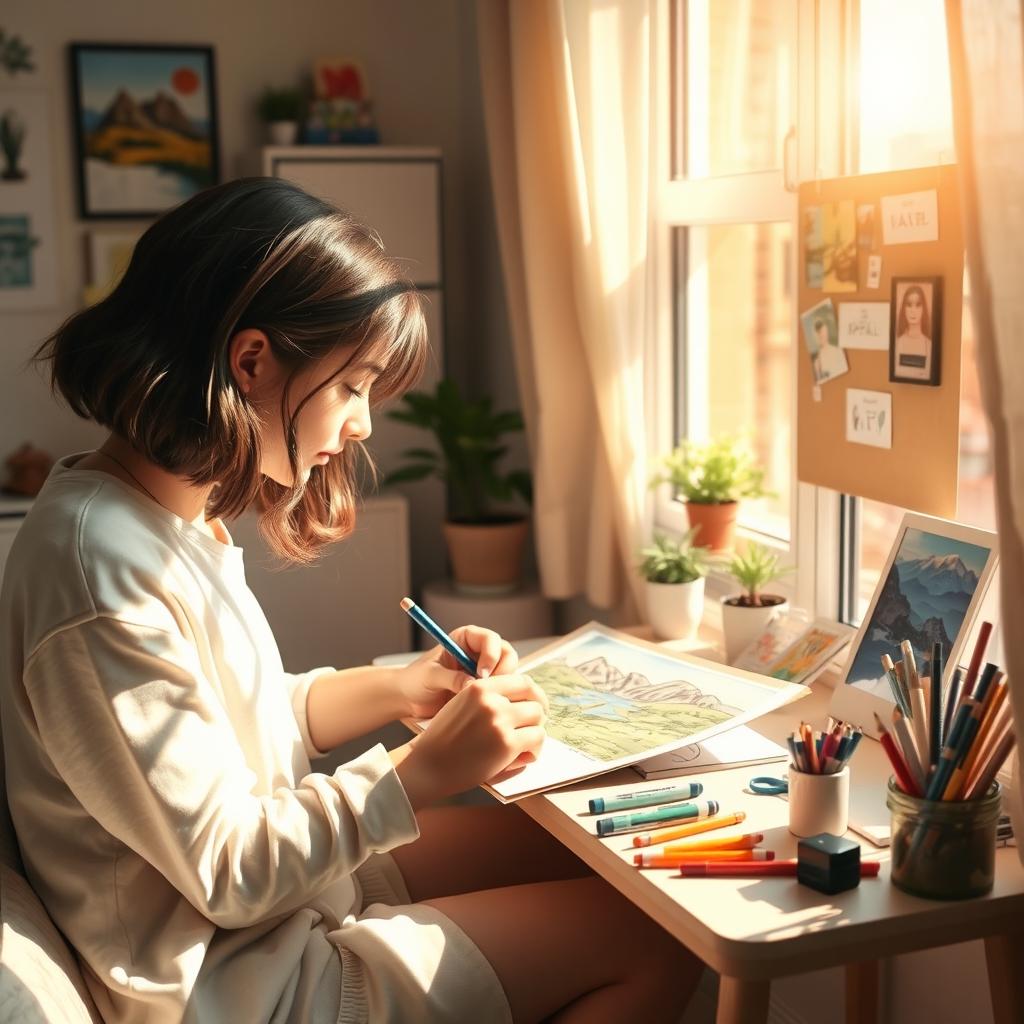 A cozy apartment room filled with morning light, where a 15-year-old girl is focused on drawing a beautiful landscape picture