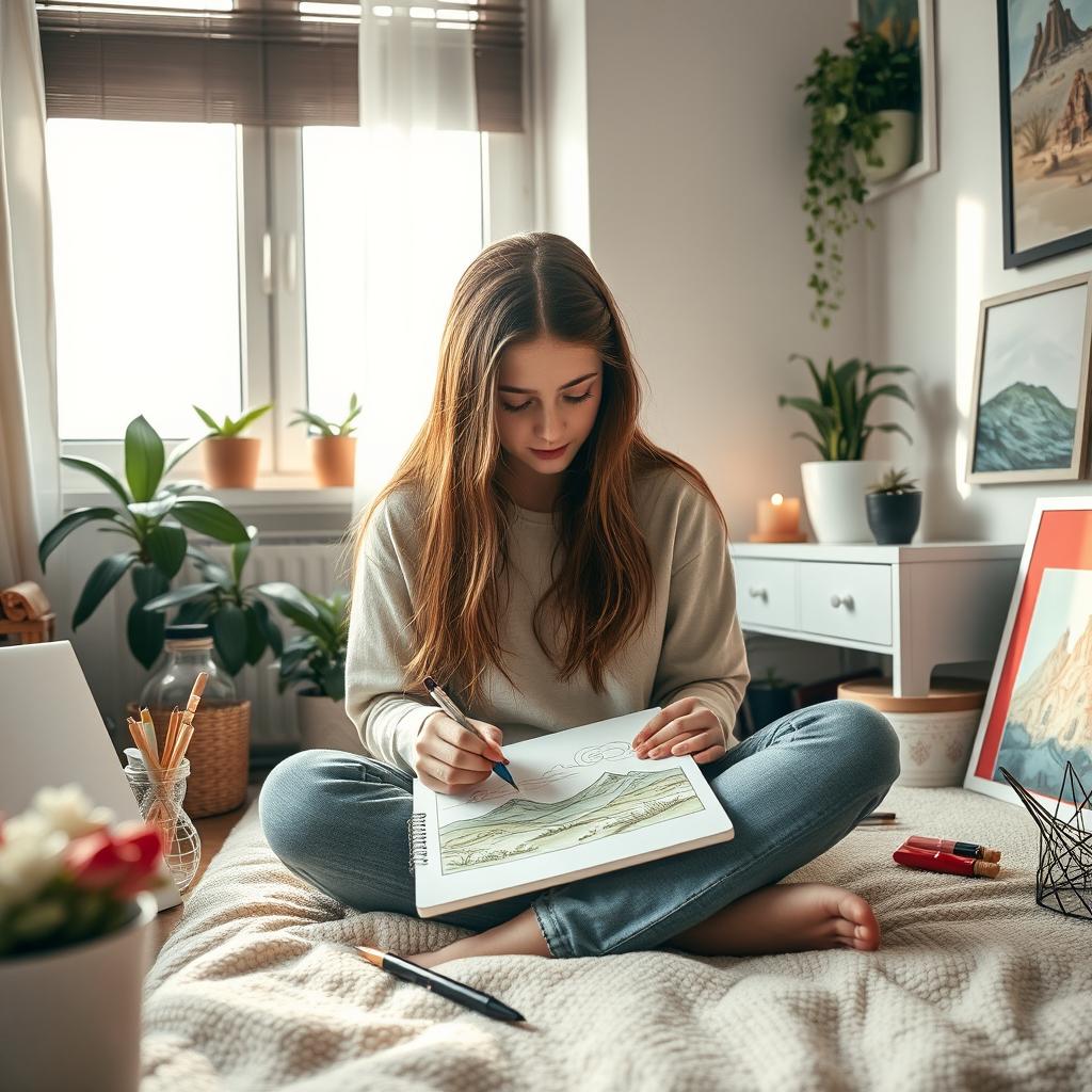 A teenage girl sitting in a cozy apartment during the morning, with soft sunlight streaming through the window