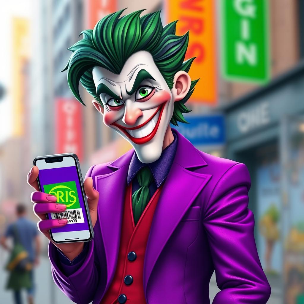 A realistic, human-like character inspired by the Joker, wearing a flamboyant purple suit
