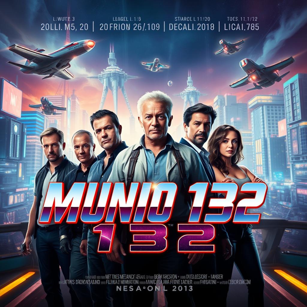 A movie poster featuring five white men aged between 20 and 33 years old and two women aged between 20 and 25 years old, set in a futuristic world