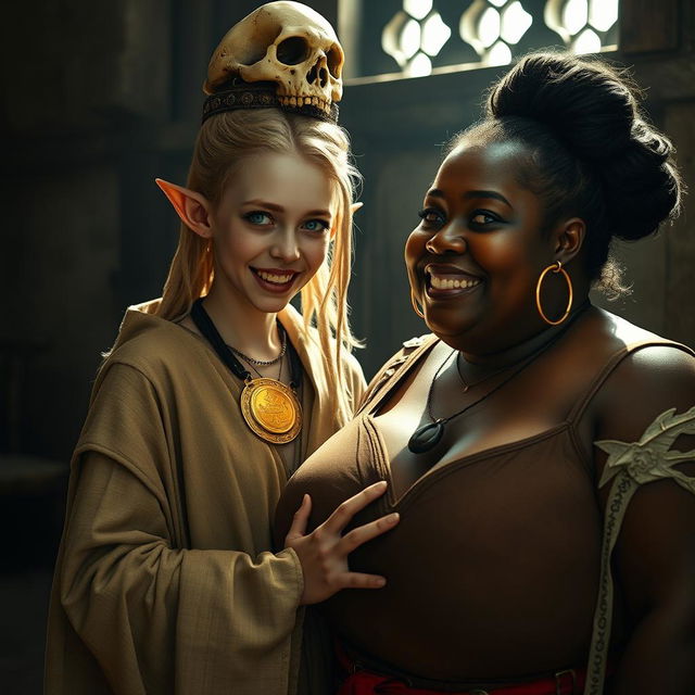 Inside a medieval bordello room illuminated by daylight, a striking scene featuring a young African woman with blonde hair styled in short dreadlocks, who is very short and petite, appearing malnourished