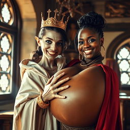 In a sunlit medieval bordello room, an engaging scene unfolds featuring two distinct characters