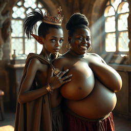 In a sunlit medieval bordello room, an engaging scene unfolds featuring two distinct characters