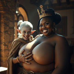 In a sunlit medieval bordello room, an engaging scene unfolds featuring two distinct characters