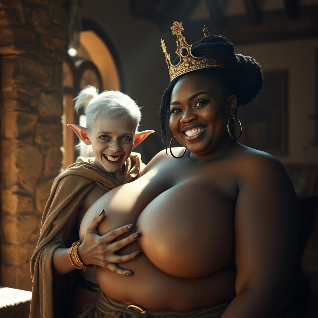 In a sunlit medieval bordello room, an engaging scene unfolds featuring two distinct characters