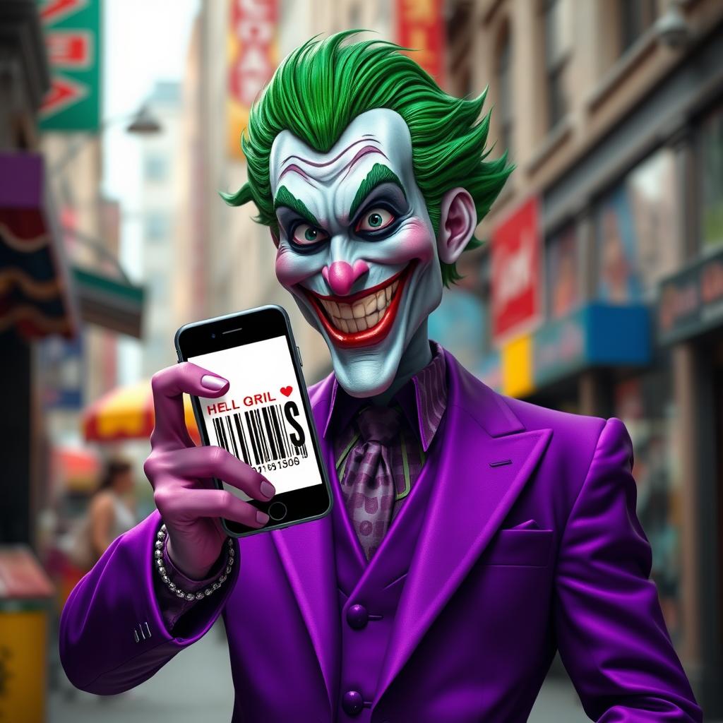 A realistic, human-like character inspired by the Joker, wearing a flamboyant purple suit