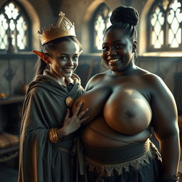 In a sunlit medieval bordello room, a captivating scene emerges featuring two distinct characters