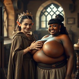 In a sunlit medieval bordello room, a captivating scene emerges featuring two distinct characters