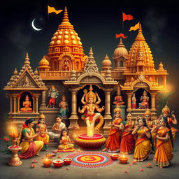 An artistic representation showcasing the richness of Hindu culture, featuring elements such as traditional Hindu temples with intricate carvings, various deities represented in colorful statues, and sacred symbols like the Om and the lotus flower