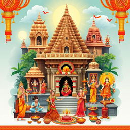 An artistic representation showcasing the richness of Hindu culture, featuring elements such as traditional Hindu temples with intricate carvings, various deities represented in colorful statues, and sacred symbols like the Om and the lotus flower