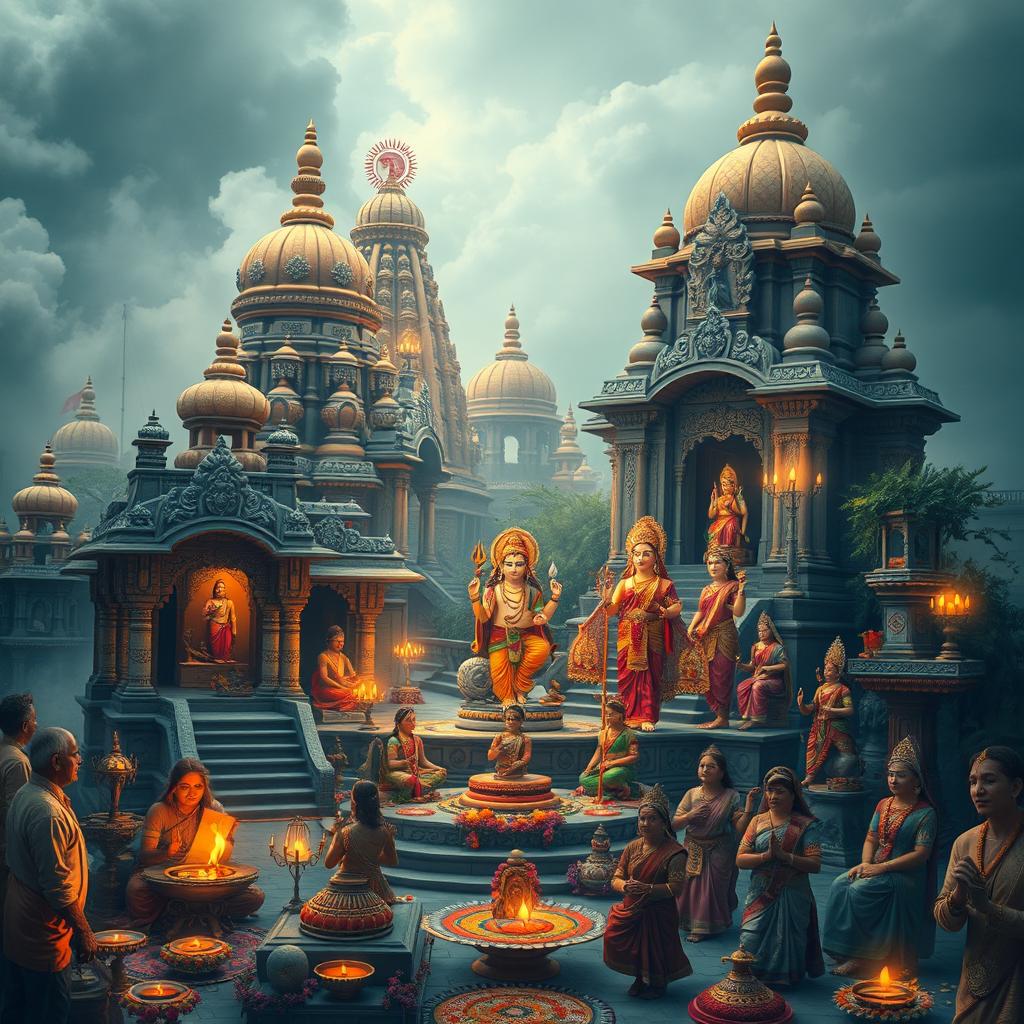 An artistic representation showcasing the richness of Hindu culture, featuring elements such as traditional Hindu temples with intricate carvings, various deities represented in colorful statues, and sacred symbols like the Om and the lotus flower