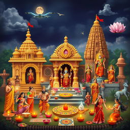 An artistic representation showcasing the richness of Hindu culture, featuring elements such as traditional Hindu temples with intricate carvings, various deities represented in colorful statues, and sacred symbols like the Om and the lotus flower