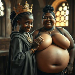 In a sunlit medieval bordello room, a captivating scene unfolds with two contrasting characters