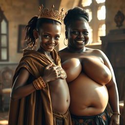 In a sunlit medieval bordello room, a captivating scene unfolds with two contrasting characters