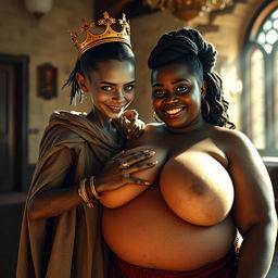 In a sunlit medieval bordello room, a captivating scene unfolds with two contrasting characters