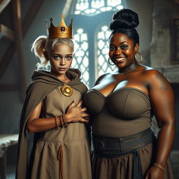 In a brightly lit medieval bordello room, two fascinating characters are depicted