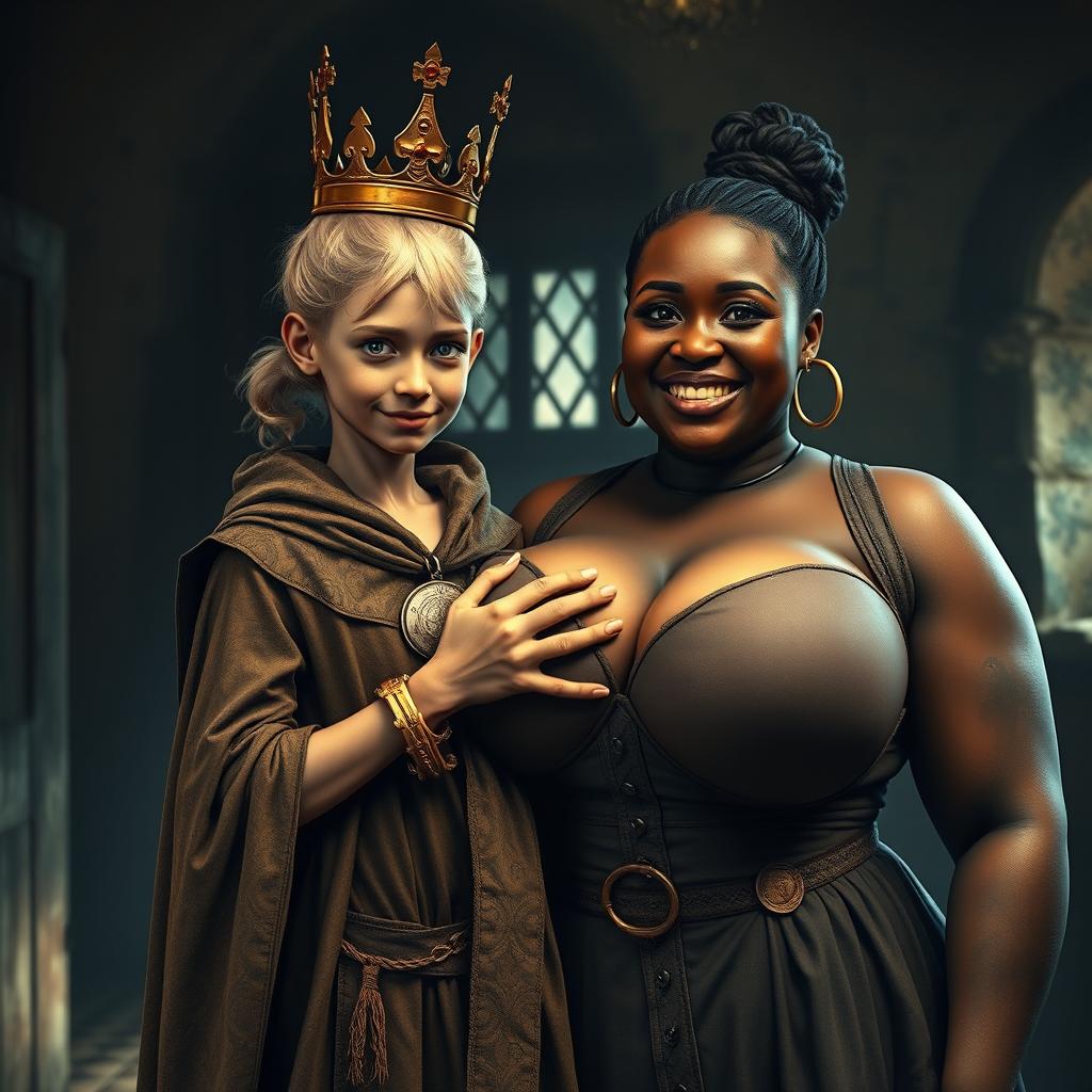 In a brightly lit medieval bordello room, two fascinating characters are depicted