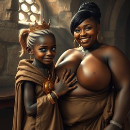 In a sunlit medieval bordello room, the scene depicts two striking characters