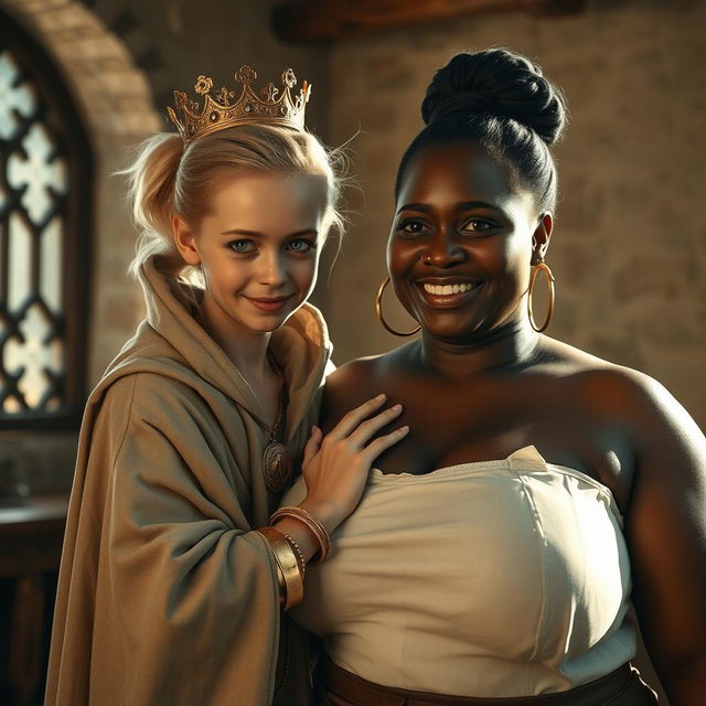 In a sunlit medieval bordello room, the scene depicts two striking characters