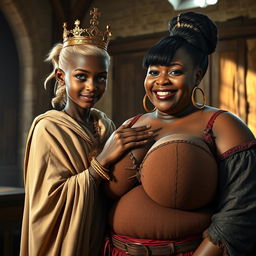 In a sunlit medieval bordello room, the scene depicts two striking characters