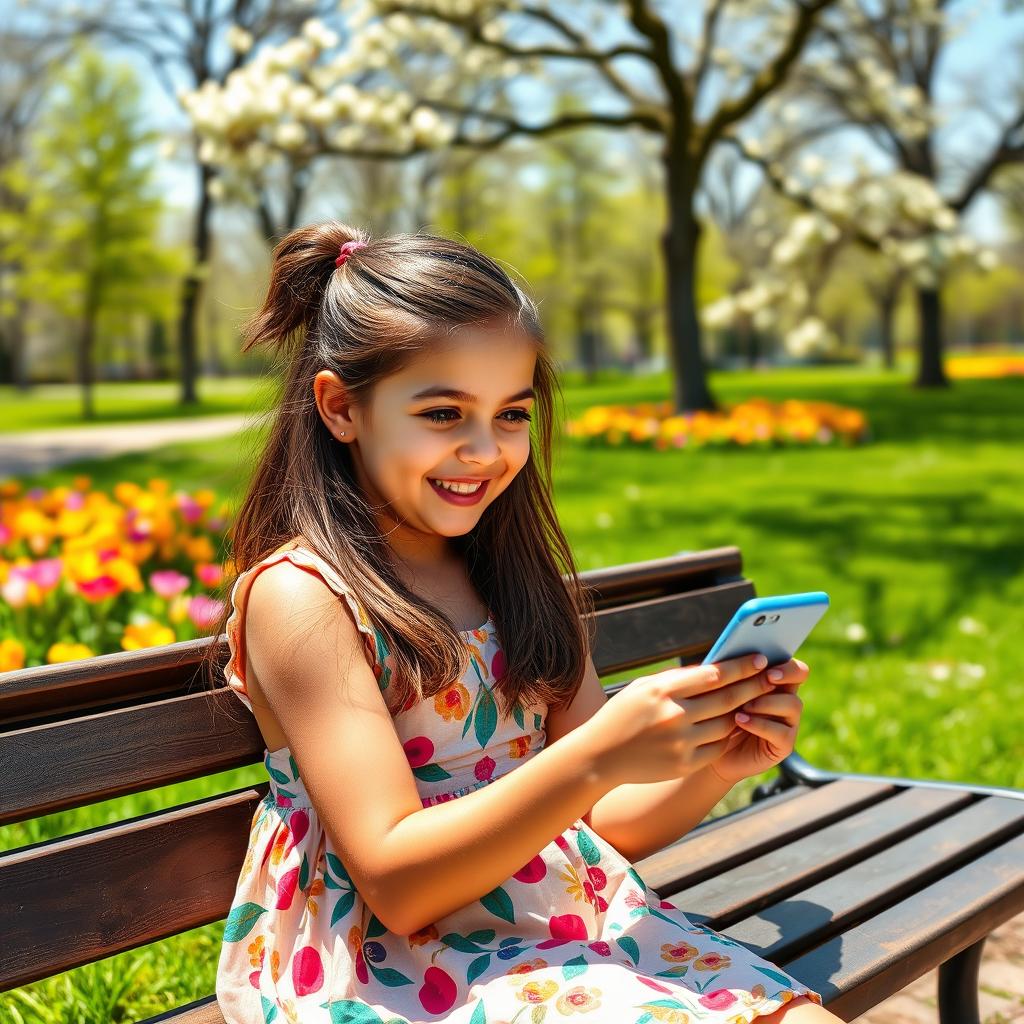 A portrait of a young girl sitting on a park bench, absorbed in her smartphone
