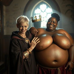 In a brightly lit medieval bordello room, a striking scene is portrayed featuring two contrasting characters