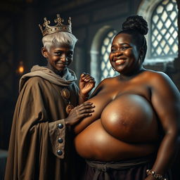 In a brightly lit medieval bordello room, a striking scene is portrayed featuring two contrasting characters