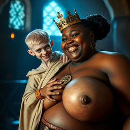 In a brightly lit medieval bordello room, a striking scene is portrayed featuring two contrasting characters