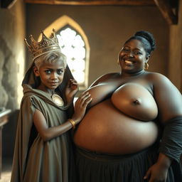 In a brightly lit medieval bordello room, a striking scene is portrayed featuring two contrasting characters