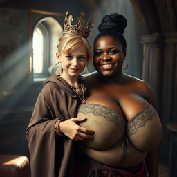 In a medieval brothel room with daylight streaming in, a young African woman, who is both short and petite, appears to be in her twenties