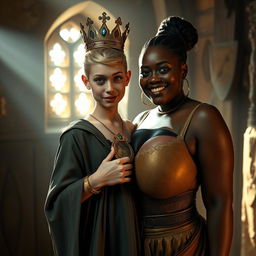 In a medieval brothel room with daylight streaming in, a young African woman, who is both short and petite, appears to be in her twenties