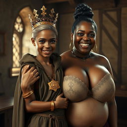 In a medieval brothel room with daylight streaming in, a young African woman, who is both short and petite, appears to be in her twenties