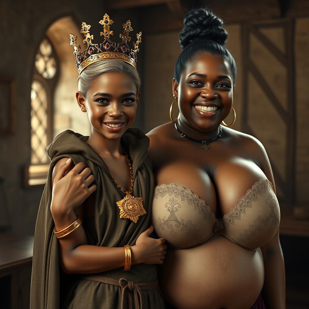 In a medieval brothel room with daylight streaming in, a young African woman, who is both short and petite, appears to be in her twenties