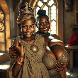 In a medieval brothel room with daylight streaming in, a young African woman, who is both short and petite, appears to be in her twenties