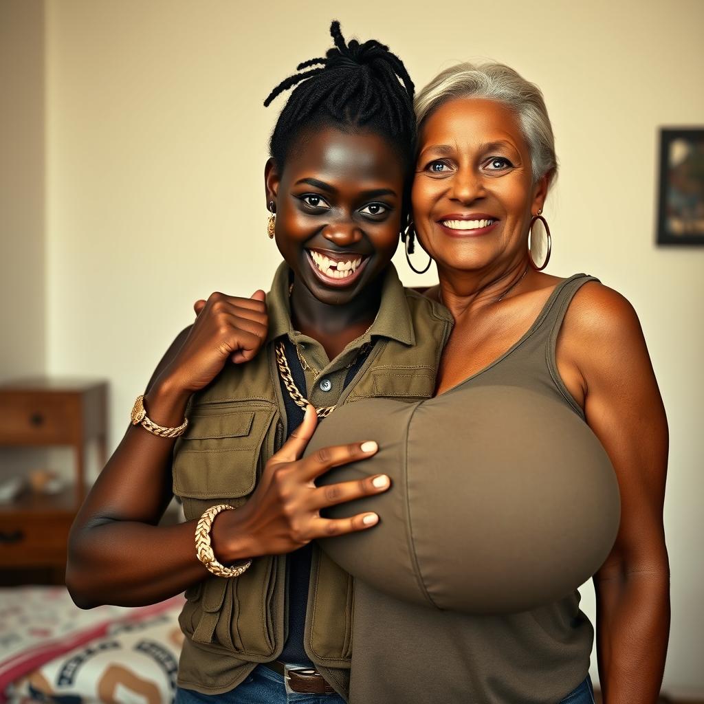In a basic room, a young Black woman, 25 years old, is depicted as short and undernourished, with dark black skin and a fierce expression revealing her jagged, decayed teeth