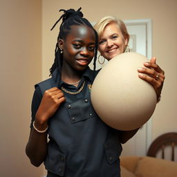 In a basic room, a young Black woman, 25 years old, is depicted as short and undernourished, with dark black skin and a fierce expression revealing her jagged, decayed teeth