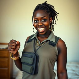 In a basic room, a young Black woman, 25 years old, is depicted as short and undernourished, with dark black skin and a fierce expression revealing her jagged, decayed teeth