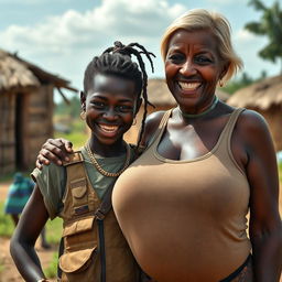 In an African village, a young Black woman, 25 years old, is depicted as short and undernourished, with deeply dark skin and a fierce expression displaying her jagged, decayed teeth