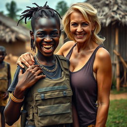 In an African village, a young Black woman, 25 years old, is depicted as short and undernourished, with deeply dark skin and a fierce expression displaying her jagged, decayed teeth