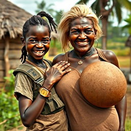 In an African village, a young Black woman, 25 years old, is depicted as short and undernourished, with deeply dark skin and a fierce expression displaying her jagged, decayed teeth