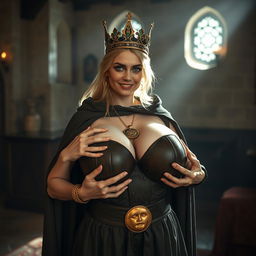 In a medieval bordello room illuminated by daylight, a young blonde woman, very short and emaciated at 20 years old with very fair skin and blue eyes, wears a long, fully closed cloak