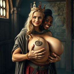 In a medieval bordello room illuminated by daylight, a young blonde woman, very short and emaciated at 20 years old with very fair skin and blue eyes, wears a long, closed cloak