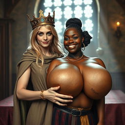 In a medieval bordello room illuminated by daylight, a young blonde woman, very short and emaciated at 20 years old with very fair skin and blue eyes, wears a long, closed cloak