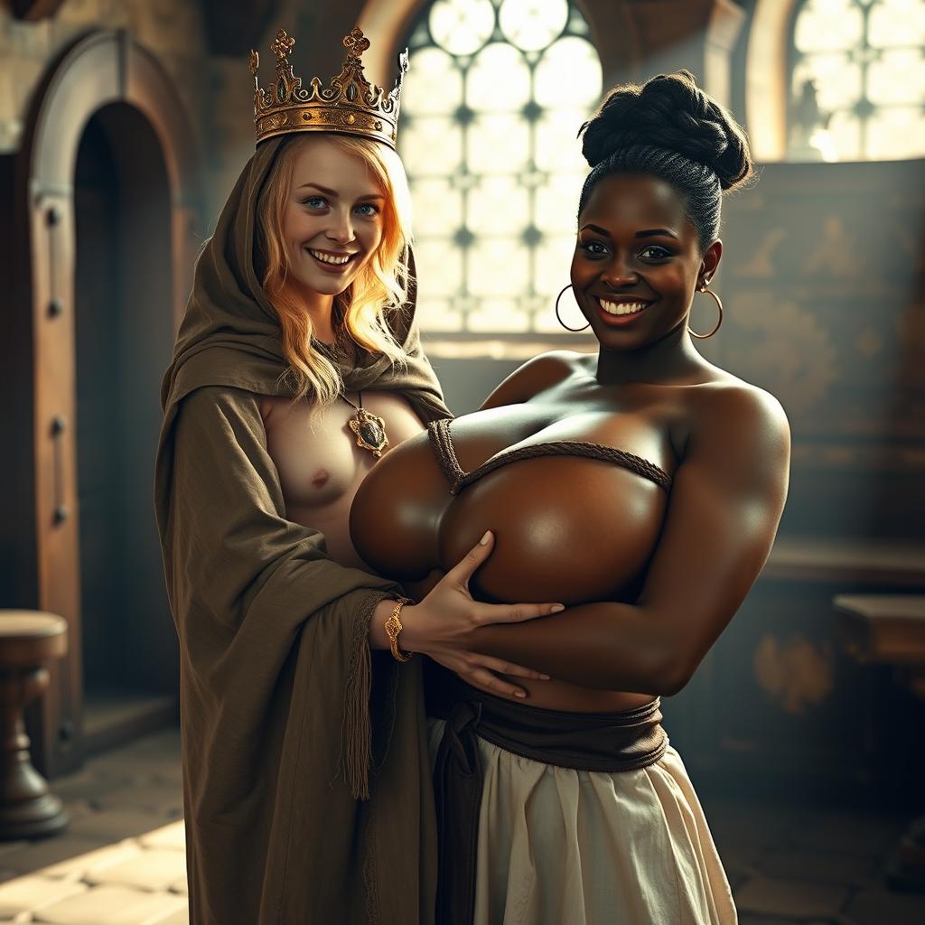 In a medieval bordello room illuminated by daylight, a young blonde woman, very short and emaciated at 20 years old with very fair skin and blue eyes, wears a long, closed cloak