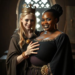 In a medieval bordello room illuminated by daylight, a young, very short and emaciated blonde woman, aged 20, with very fair skin and striking blue eyes, is dressed in a long, completely closed cloak