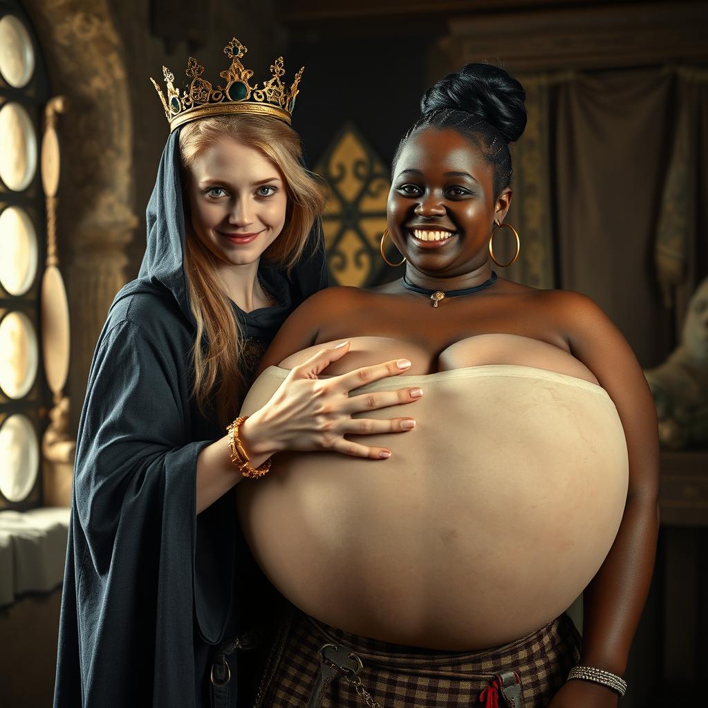 In a medieval bordello room illuminated by daylight, a young, very short and emaciated blonde woman, aged 20, with very fair skin and striking blue eyes, is dressed in a long, completely closed cloak