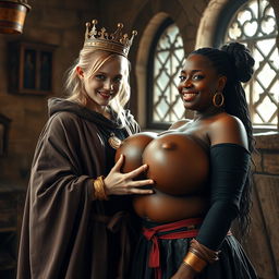 In a medieval bordello room illuminated by daylight, a young, very short and emaciated blonde woman, aged 20, with very fair skin and striking blue eyes, is dressed in a long, completely closed cloak