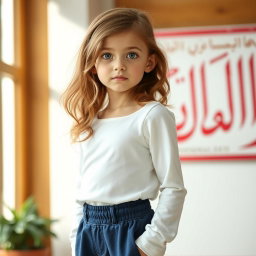 A young girl with light brown hair and big round eyes, standing at 162 cm, showcasing a tiny athletic body